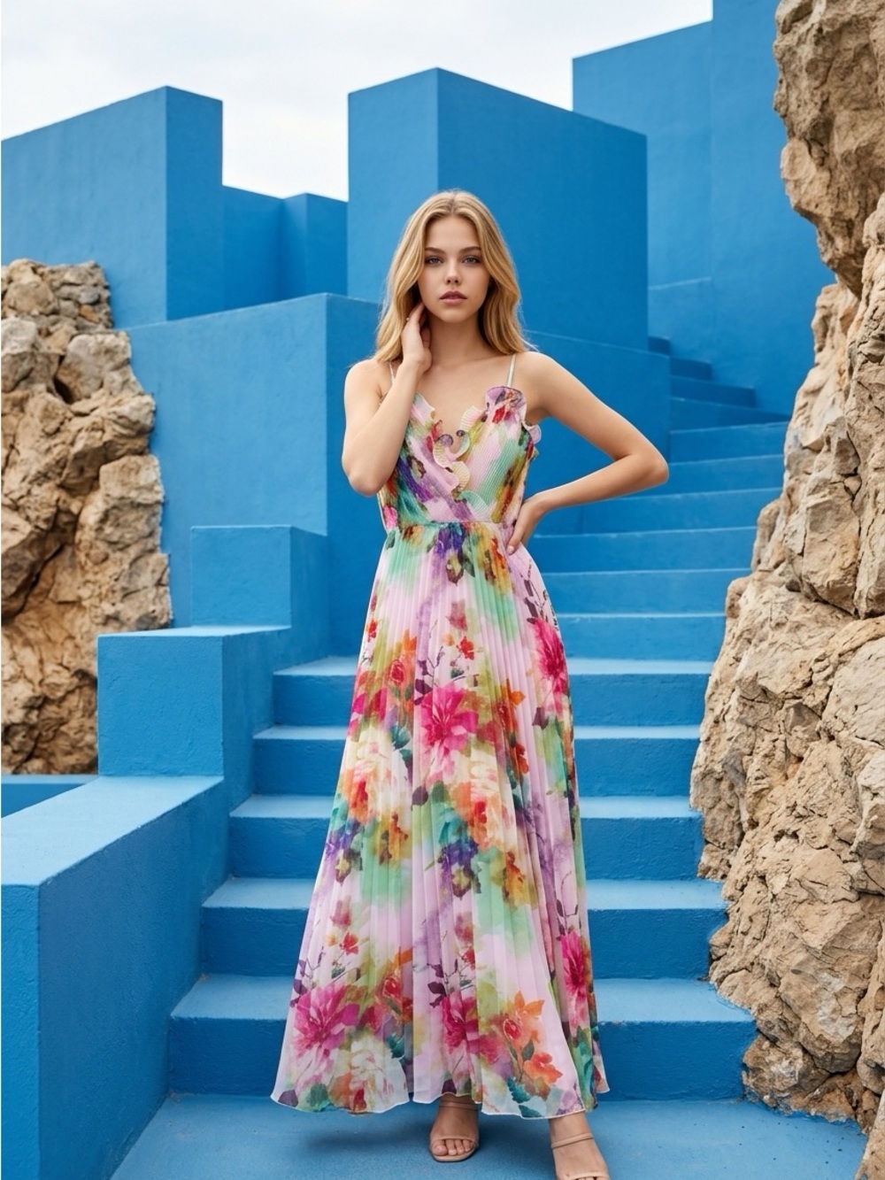 Floral Pleated Maxi Dress in Pastel Multi-Color